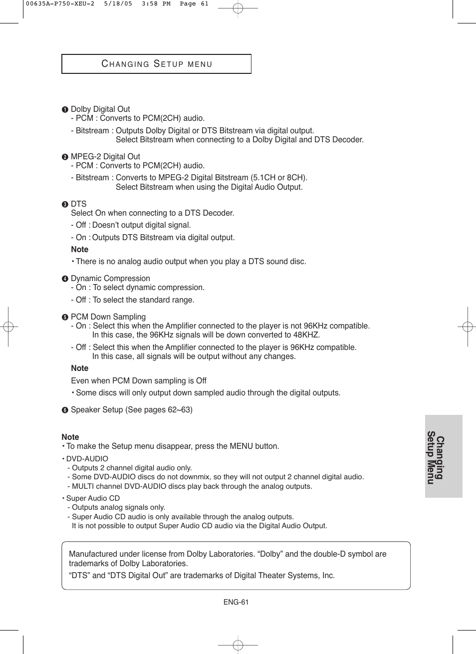 Changing setup menu | Samsung DVD-P750 User Manual | Page 61 / 76