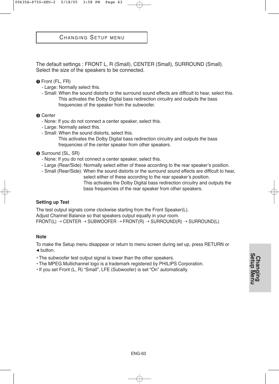 Changing setup menu | Samsung DVD-P750 User Manual | Page 63 / 76