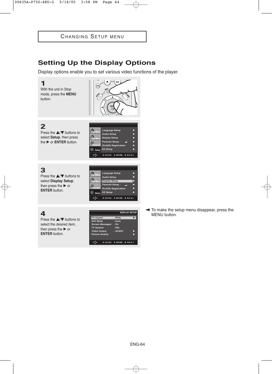 Setting up the display options, Eng-64 | Samsung DVD-P750 User Manual | Page 64 / 76