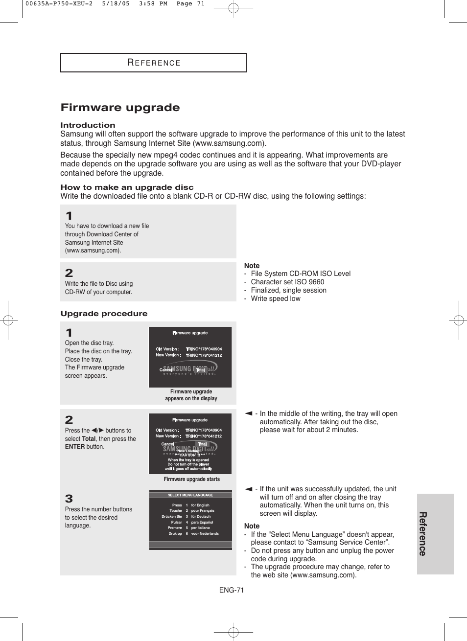 Firmware upgrade, Reference | Samsung DVD-P750 User Manual | Page 71 / 76