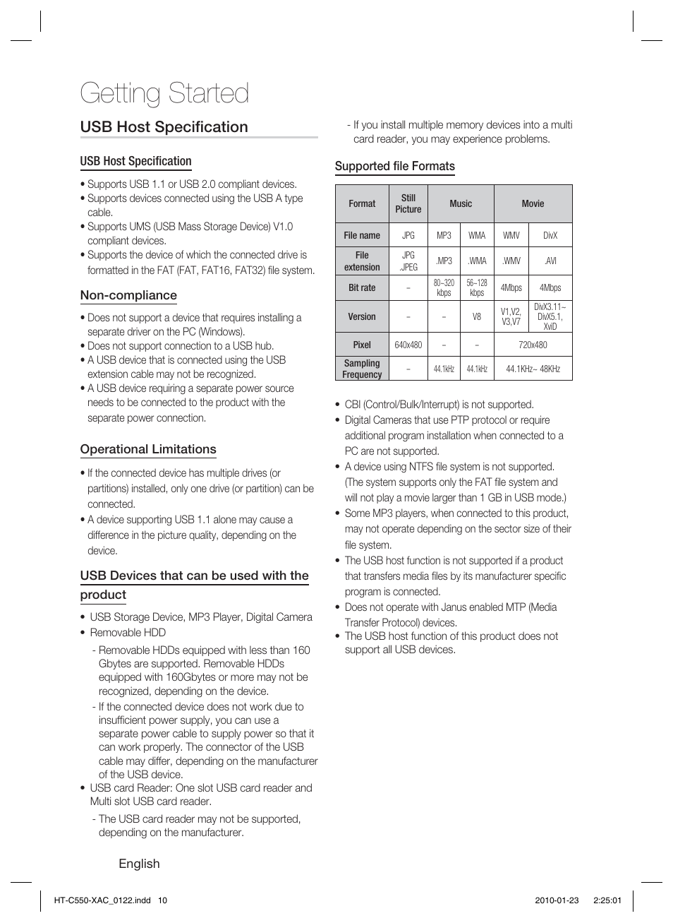 Getting started, Usb host speciﬁ cation | Samsung HT-C550-XAC User Manual | Page 10 / 51