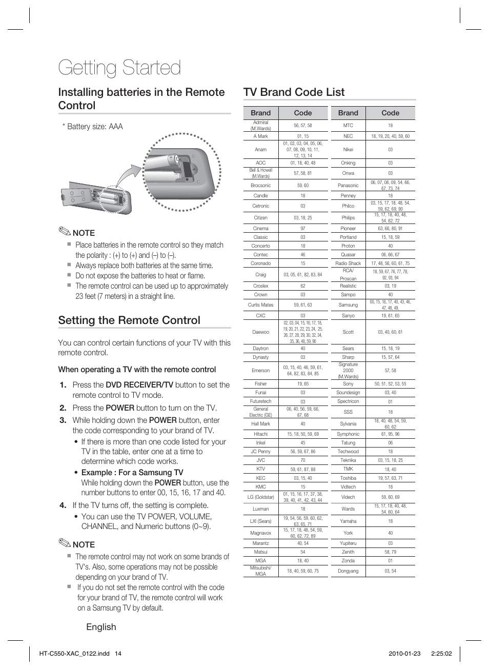 Getting started, Installing batteries in the remote control, Setting the remote control | Tv brand code list, English, Battery size: aaa | Samsung HT-C550-XAC User Manual | Page 14 / 51