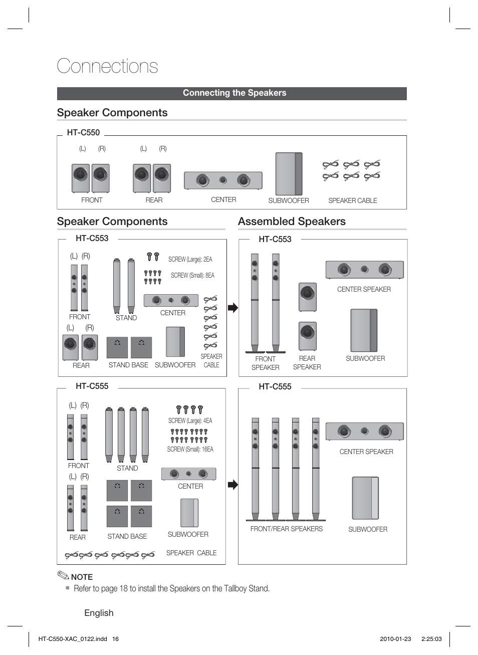 Connecting the speakers, Connections, Speaker components | Assembled speakers | Samsung HT-C550-XAC User Manual | Page 16 / 51