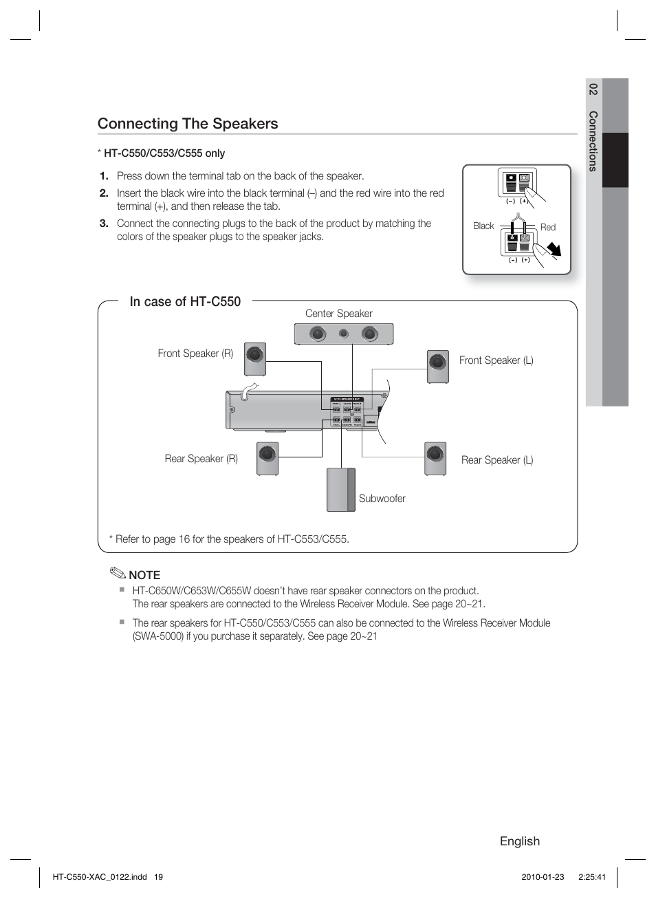 Connecting the speakers | Samsung HT-C550-XAC User Manual | Page 19 / 51