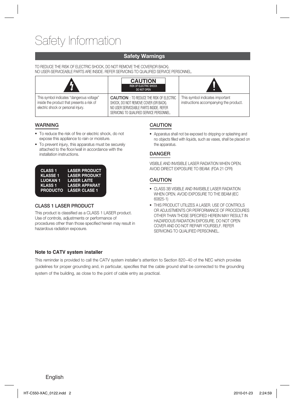 Safety information | Samsung HT-C550-XAC User Manual | Page 2 / 51