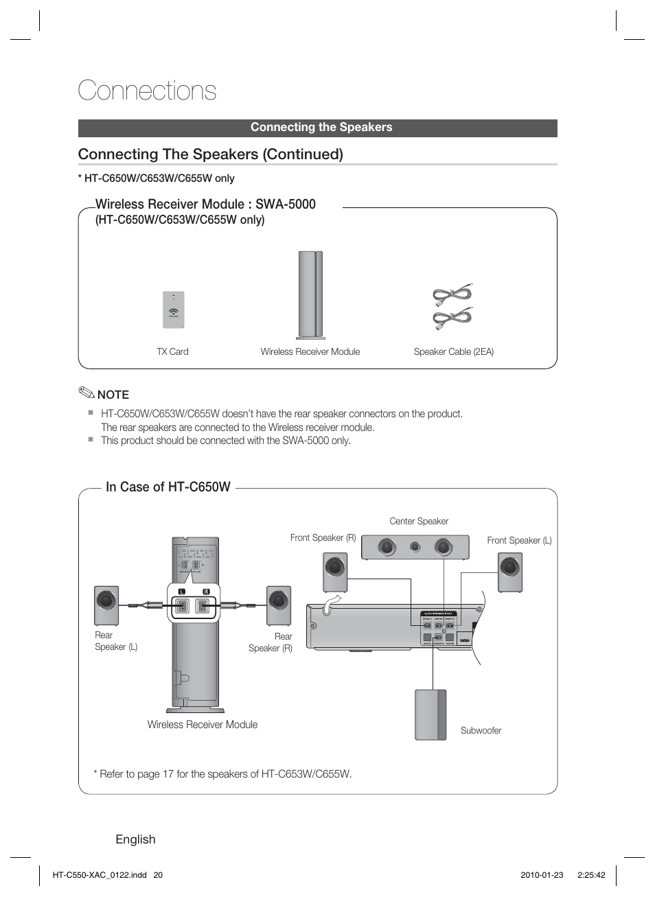 Connections, Connecting the speakers (continued) | Samsung HT-C550-XAC User Manual | Page 20 / 51