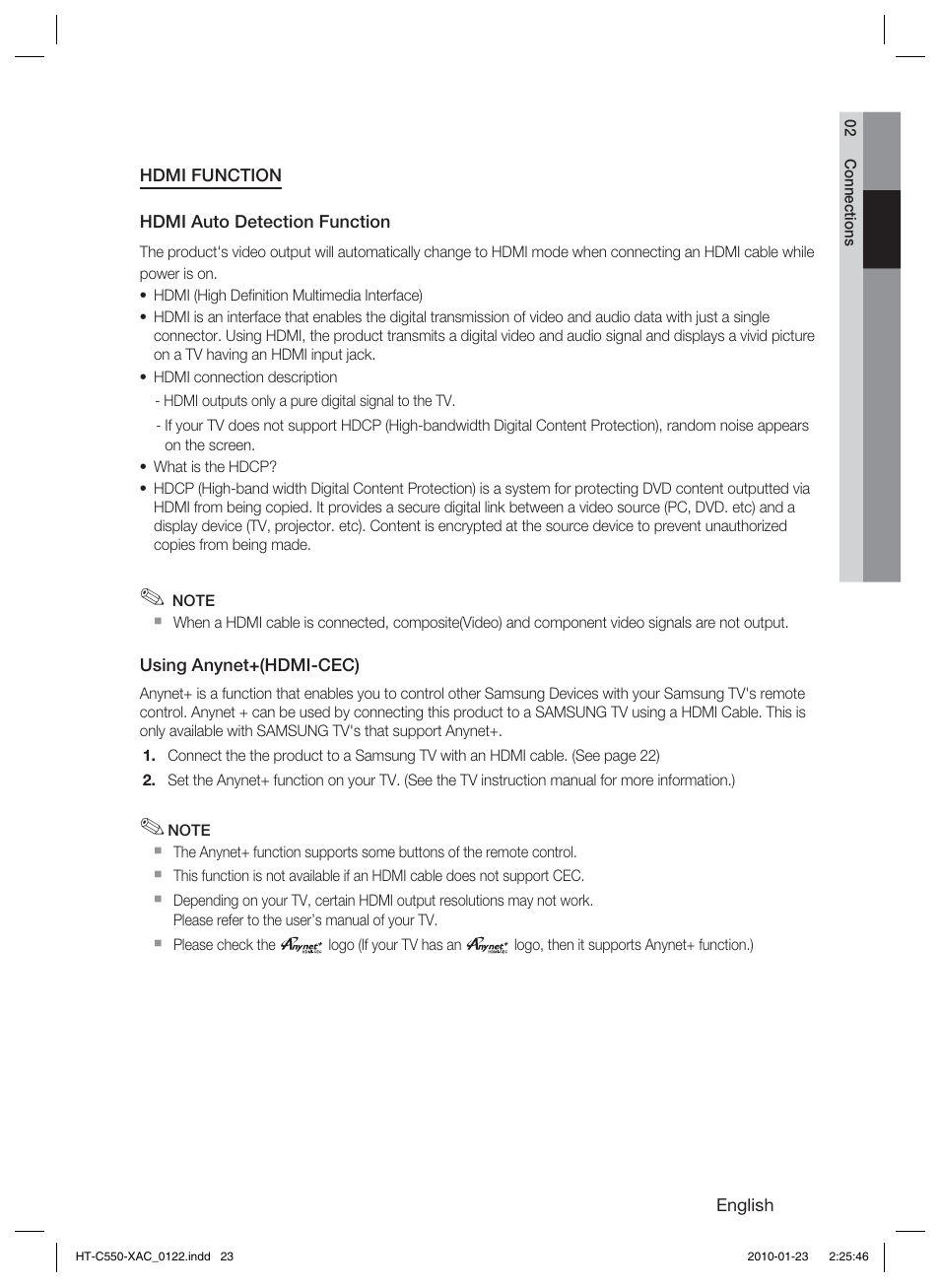 Hdmi function | Samsung HT-C550-XAC User Manual | Page 23 / 51