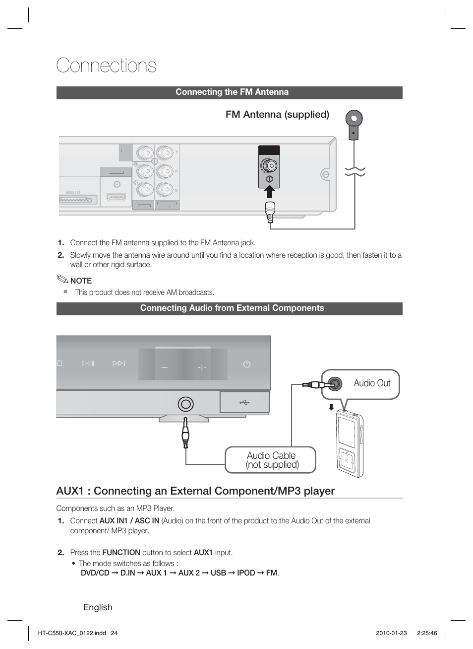 Connecting the fm antenna, Connecting audio from external components, Connections | Aux1 : connecting an external component/mp3 player, Fm antenna (supplied), Audio cable (not supplied) audio out | Samsung HT-C550-XAC User Manual | Page 24 / 51