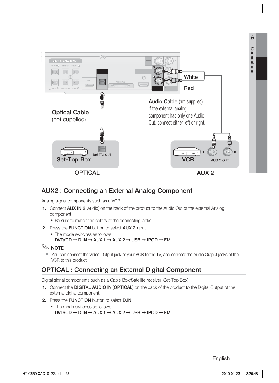 Aux2 : connecting an external analog component, Optical : connecting an external digital component | Samsung HT-C550-XAC User Manual | Page 25 / 51