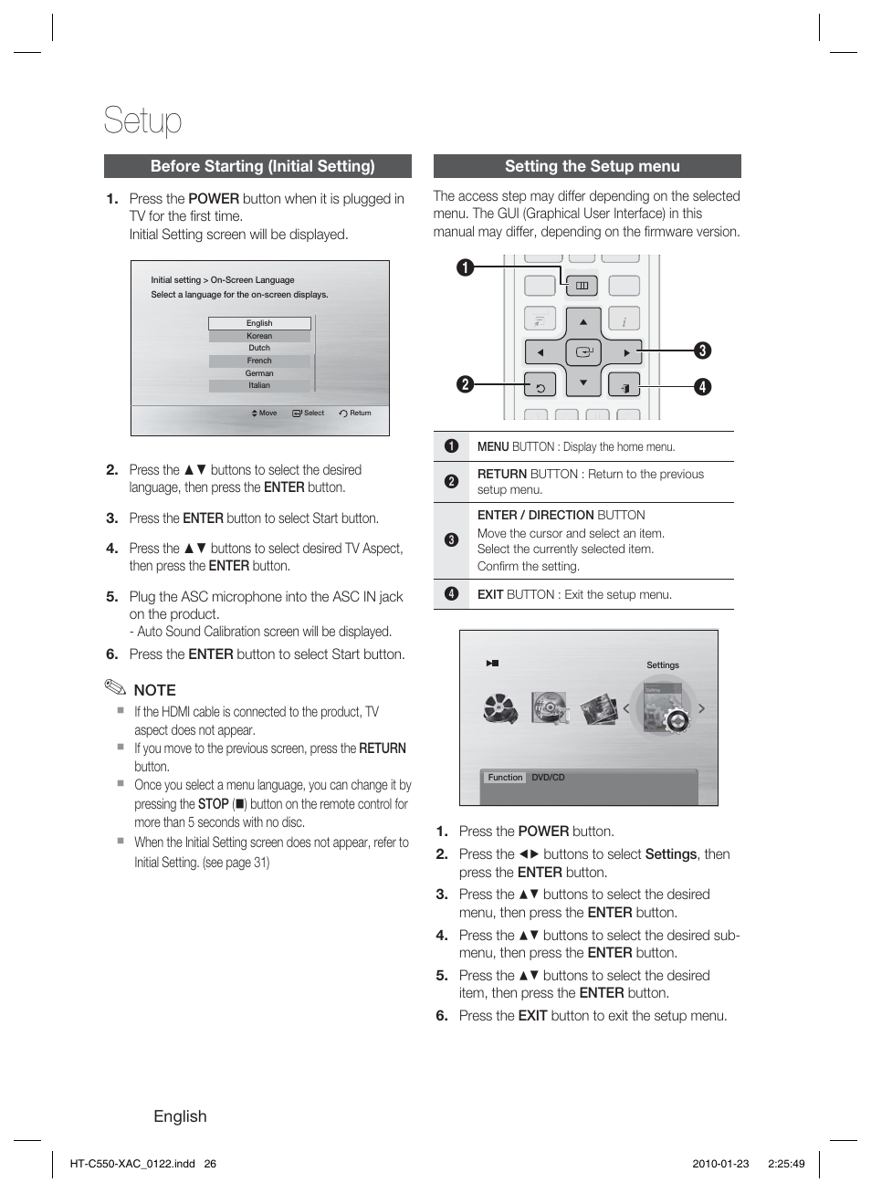 Setup, Before starting (initial setting), Setting the setup menu | English | Samsung HT-C550-XAC User Manual | Page 26 / 51