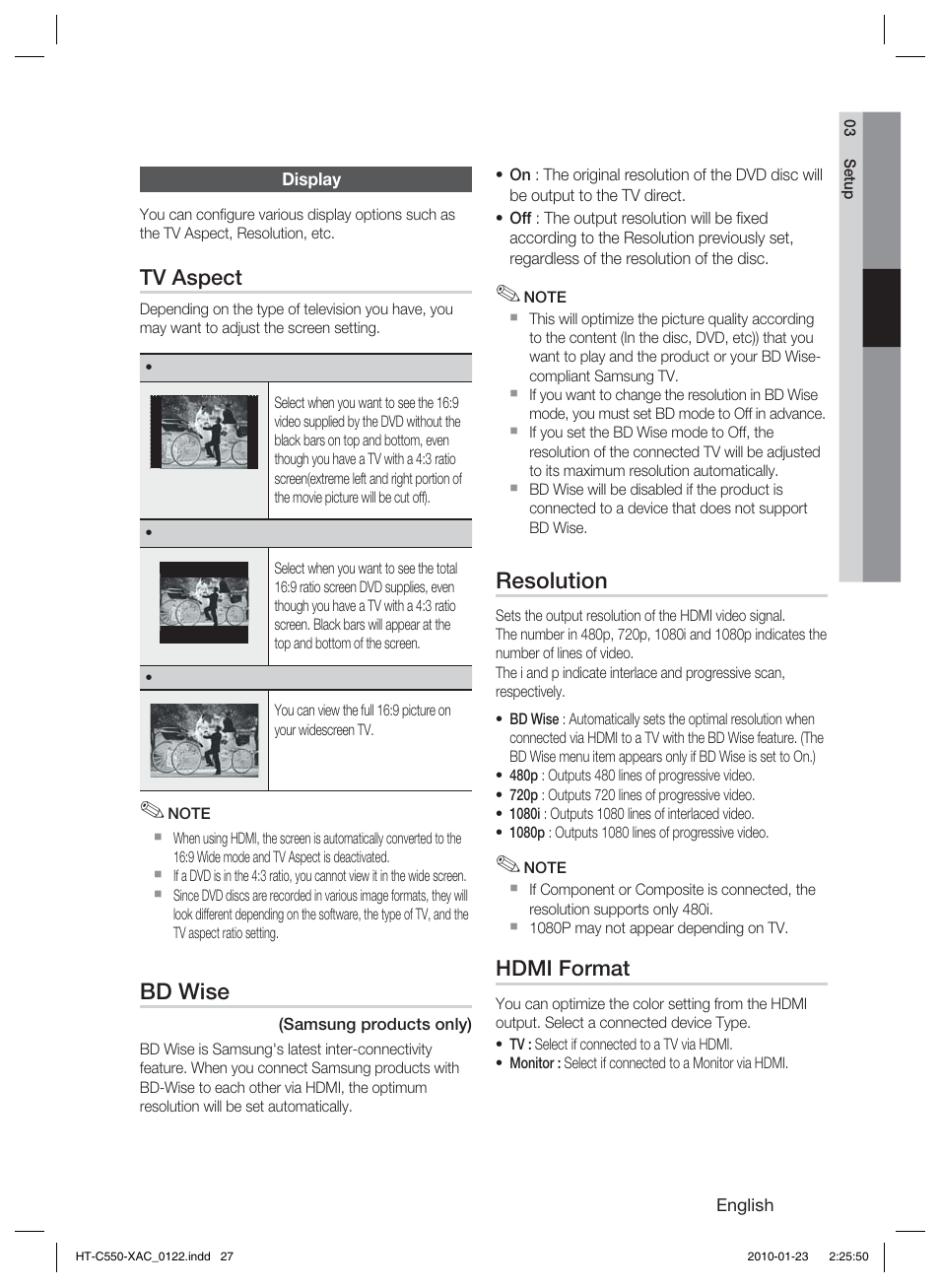 Display, Bd wise, Resolution | Samsung HT-C550-XAC User Manual | Page 27 / 51