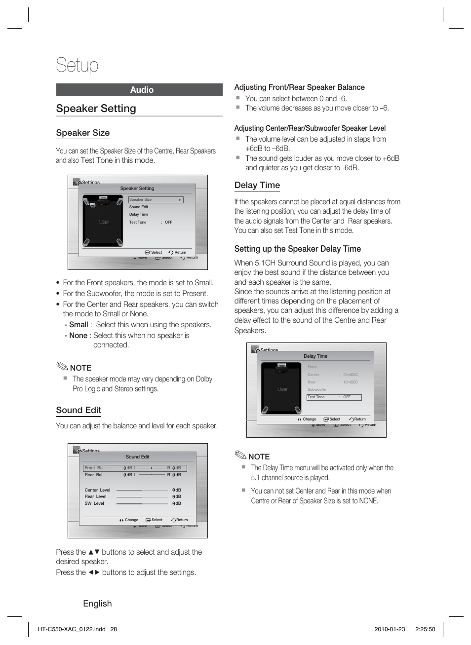 Audio, Setup, Speaker setting | English, Speaker size, Sound edit, Delay time, Setting up the speaker delay time | Samsung HT-C550-XAC User Manual | Page 28 / 51