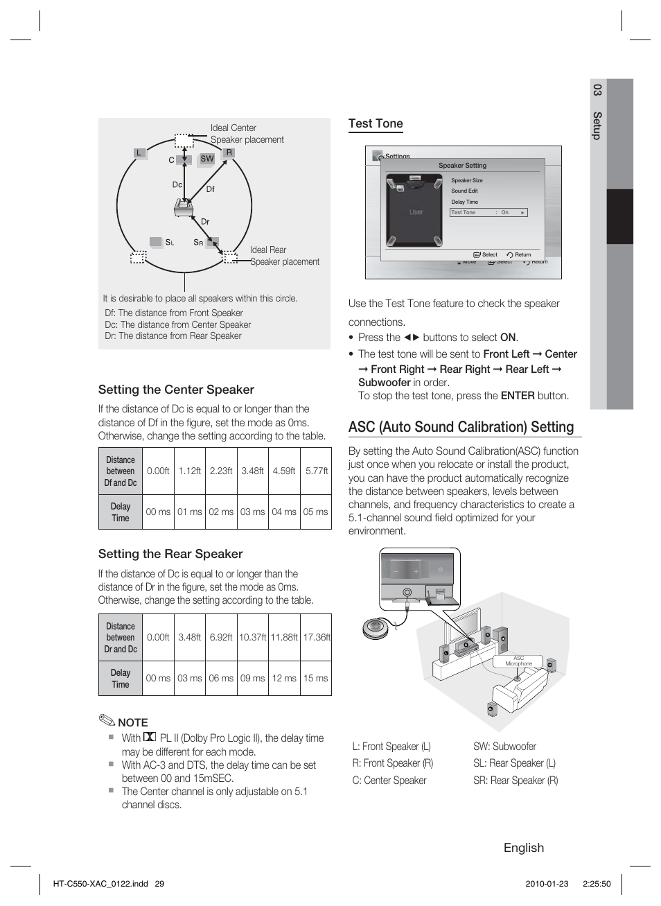 Test tone, Asc (auto sound calibration) setting, English | Setting the center speaker, Setting the rear speaker | Samsung HT-C550-XAC User Manual | Page 29 / 51