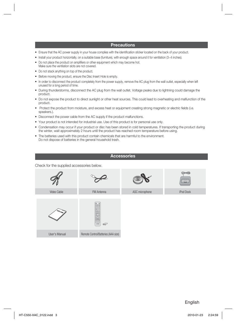 English, Accessories, Precautions | Samsung HT-C550-XAC User Manual | Page 3 / 51