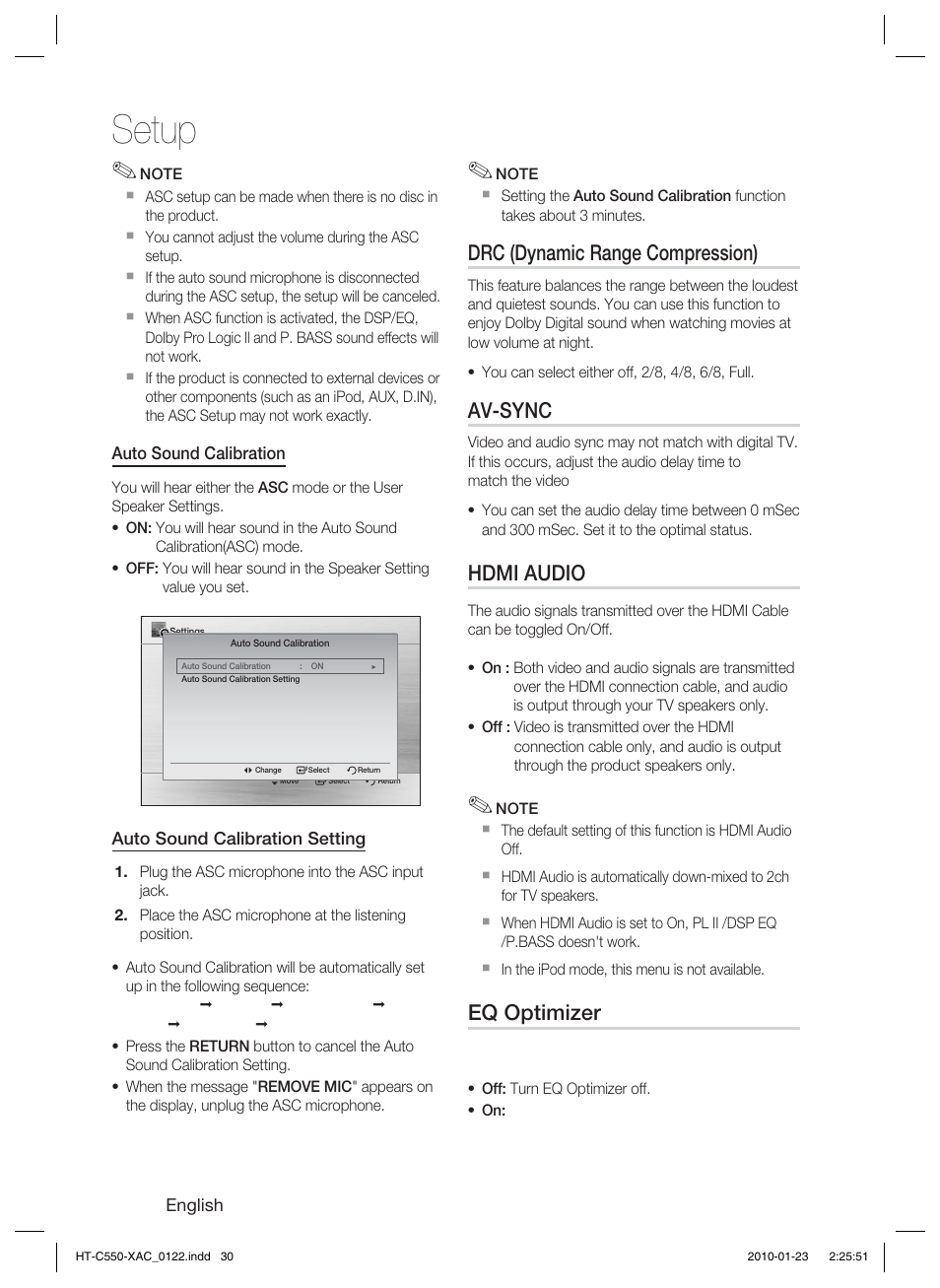 Auto sound calibration, Drc (dynamic range compression), Av-sync | Hdmi audio, Eq optimizer, Setup | Samsung HT-C550-XAC User Manual | Page 30 / 51