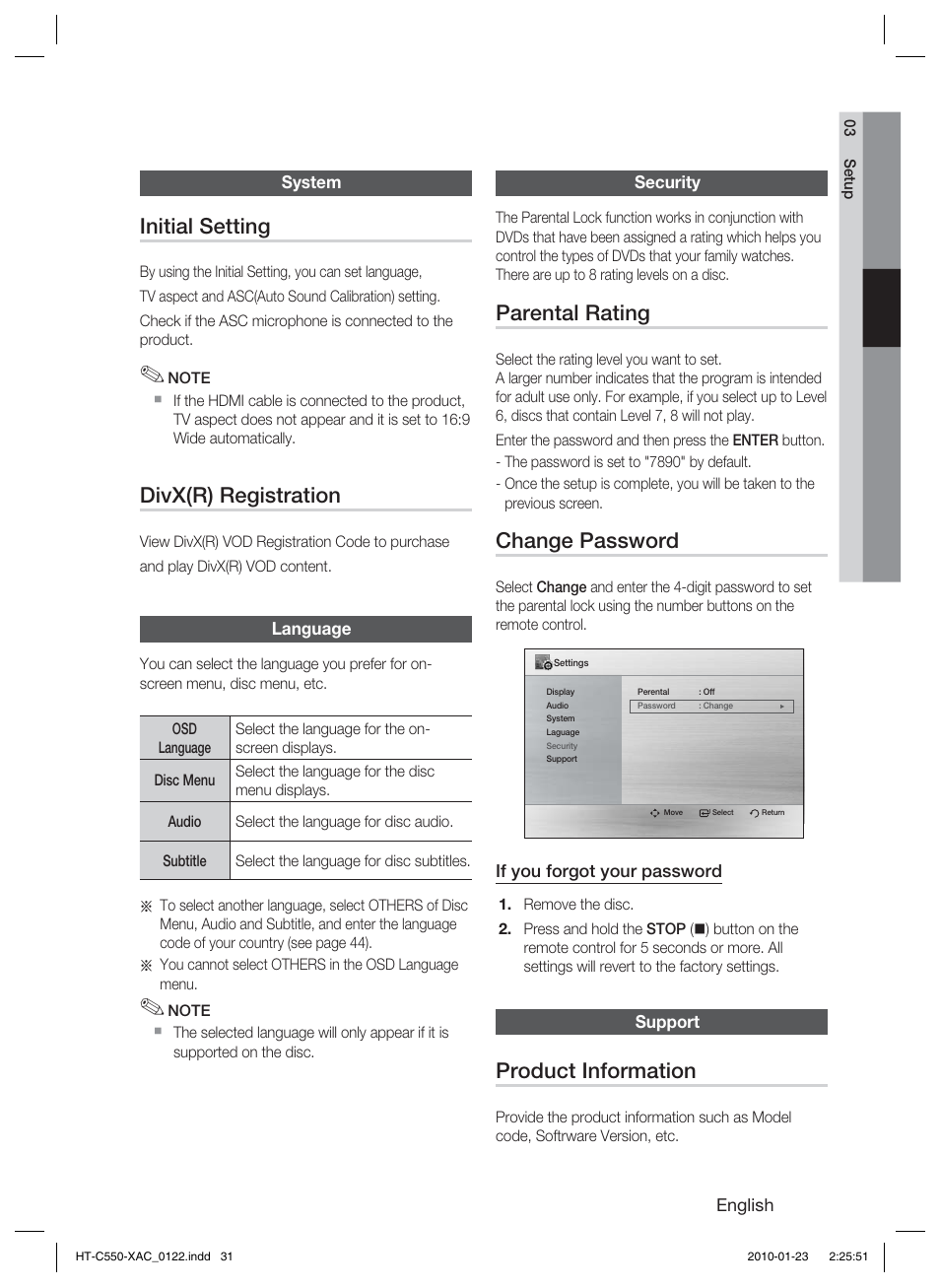 System, Language, Security | Support, Initial setting, Divx(r) registration, Parental rating, Change password, Product information | Samsung HT-C550-XAC User Manual | Page 31 / 51