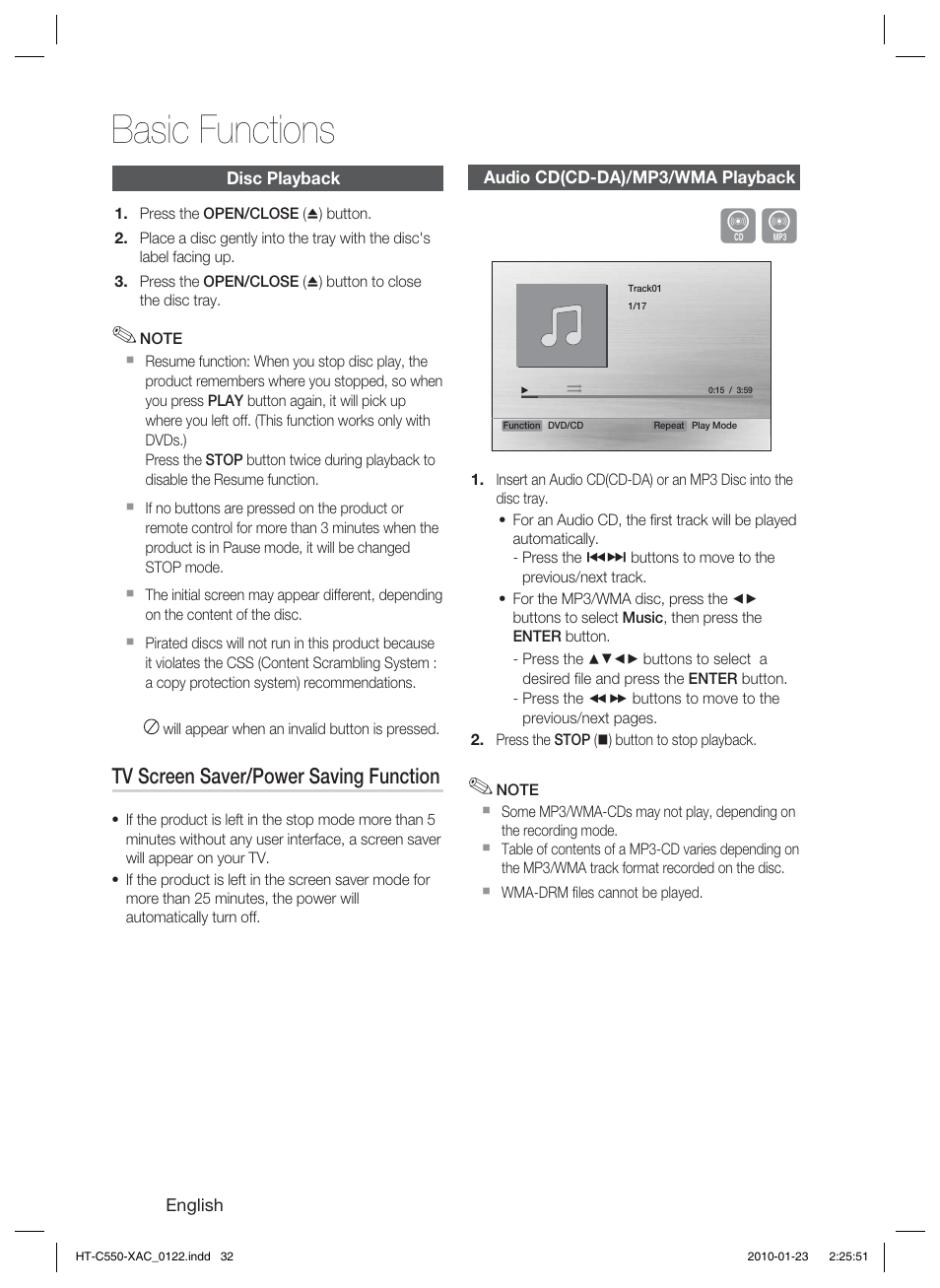 Basic functions, Disc playback, Audio cd(cd-da)/mp3/wma playback | Tv screen saver/power saving function | Samsung HT-C550-XAC User Manual | Page 32 / 51