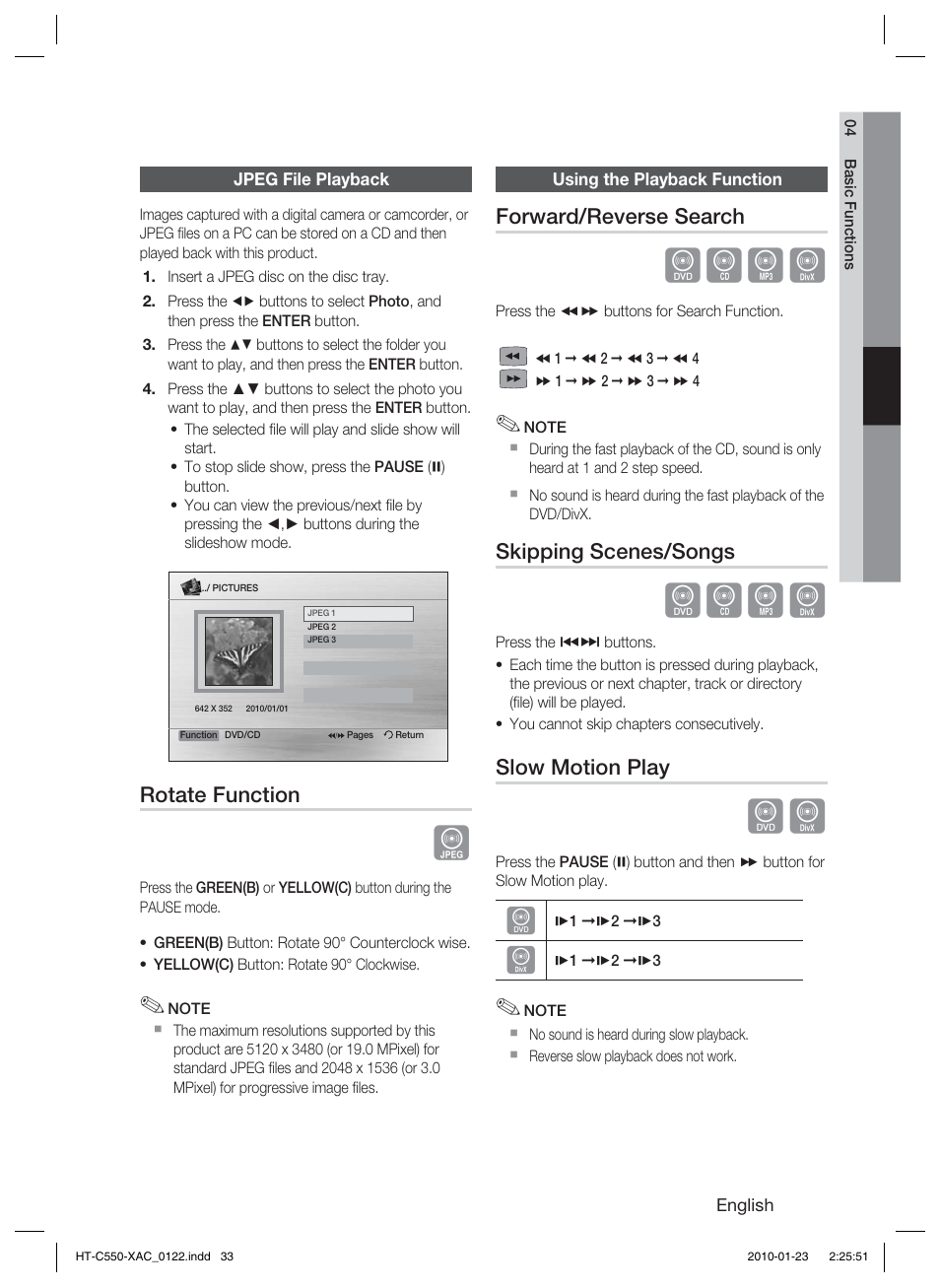 Jpeg file playback, Using the playback function, Dbad | Rotate function, Forward/reverse search, Skipping scenes/songs, Slow motion play | Samsung HT-C550-XAC User Manual | Page 33 / 51