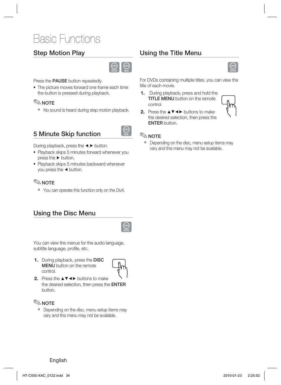 Step motion play, 5 minute skip function, Using the disc menu | Using the title menu, Basic functions | Samsung HT-C550-XAC User Manual | Page 34 / 51