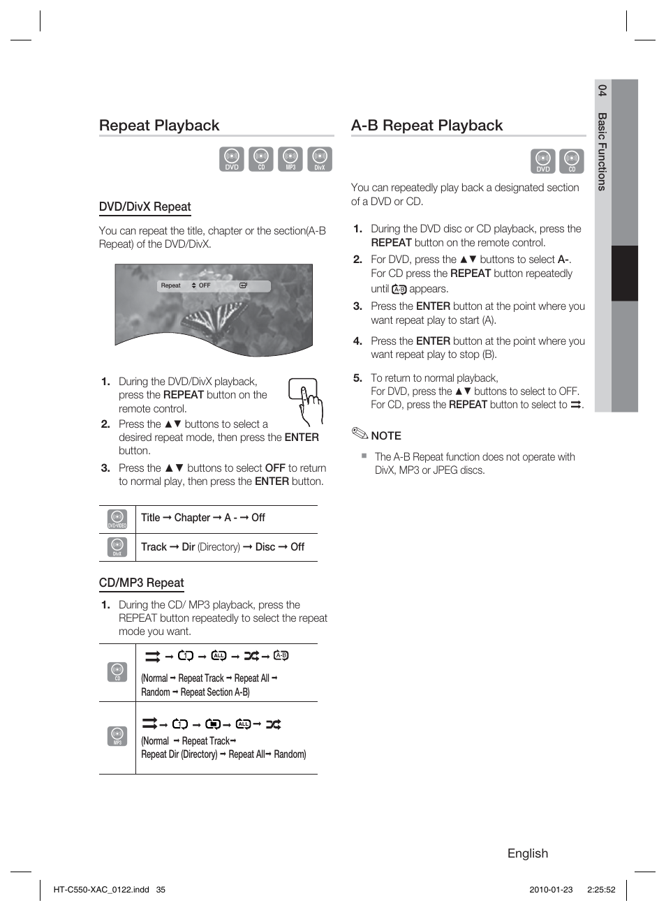 Repeat playback, A-b repeat playback, Dbad | Samsung HT-C550-XAC User Manual | Page 35 / 51