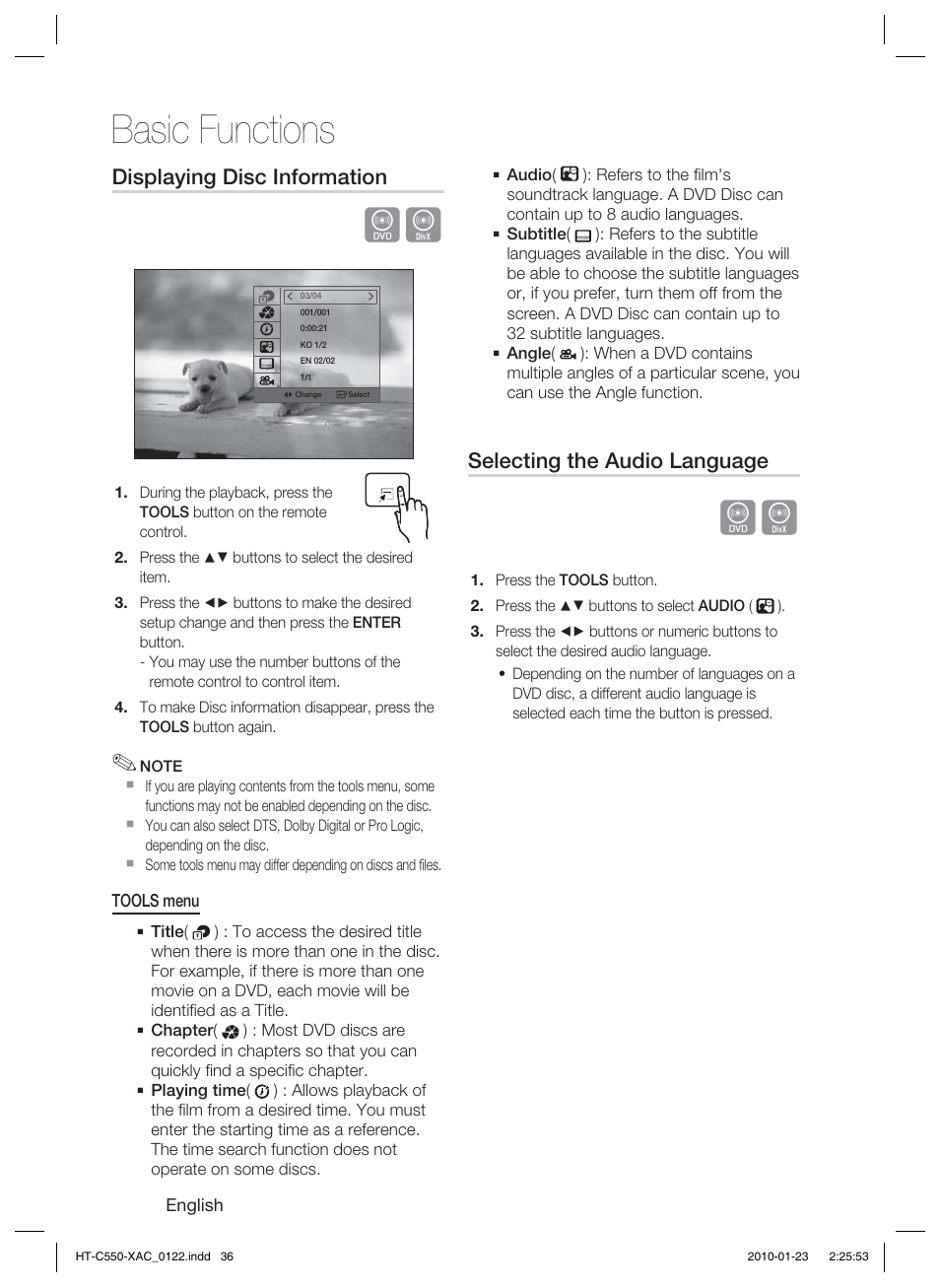 Displaying disc information, Selecting the audio language, Basic functions | Samsung HT-C550-XAC User Manual | Page 36 / 51