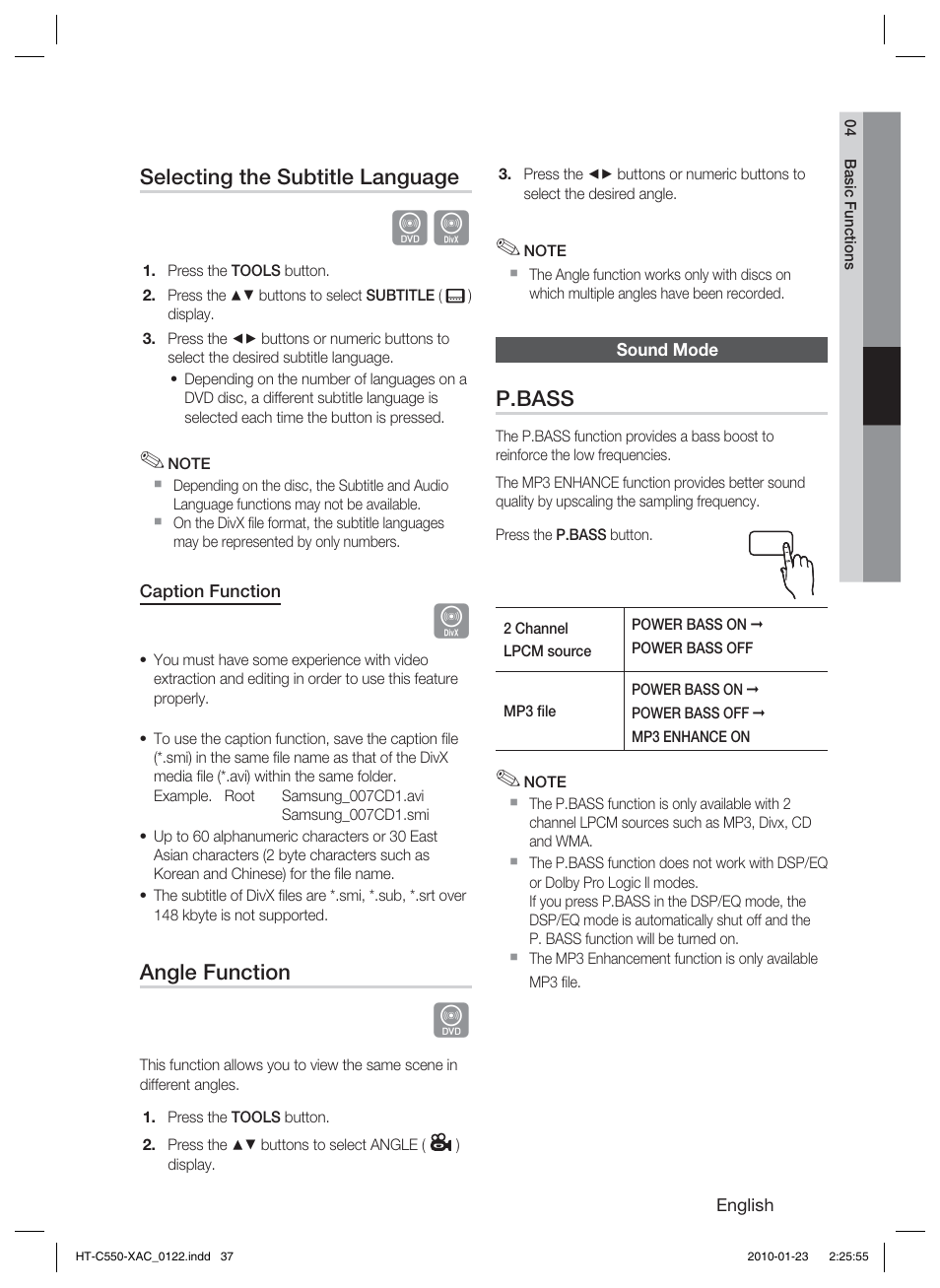 Selecting the subtitle language, Angle function, Sound mode | P.bass | Samsung HT-C550-XAC User Manual | Page 37 / 51