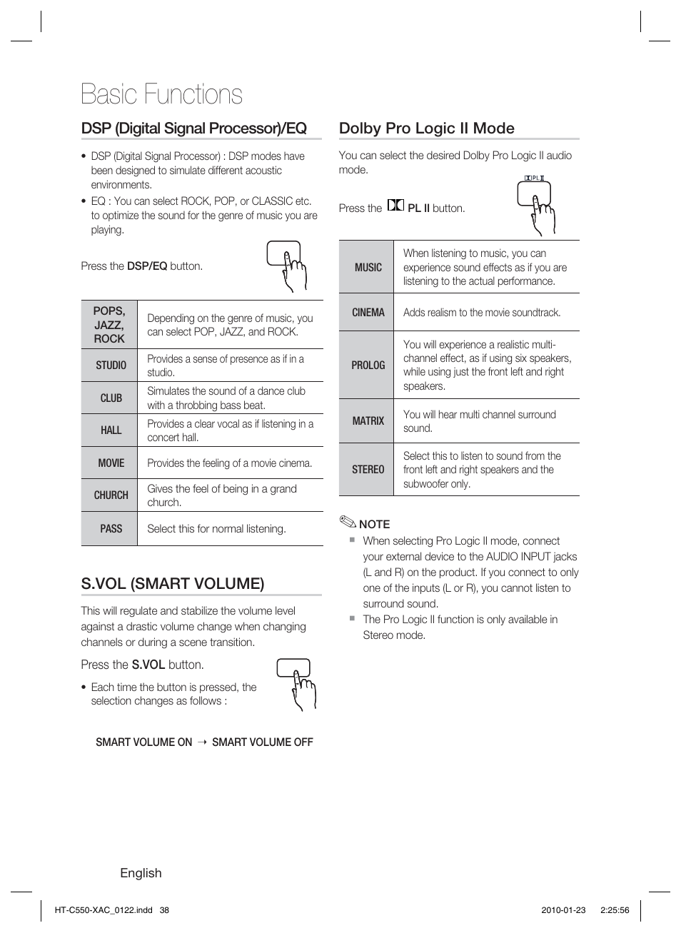 Dsp (digital signal processor)/eq, S.vol (smart volume), Dolby pro logic ii mode | Basic functions | Samsung HT-C550-XAC User Manual | Page 38 / 51