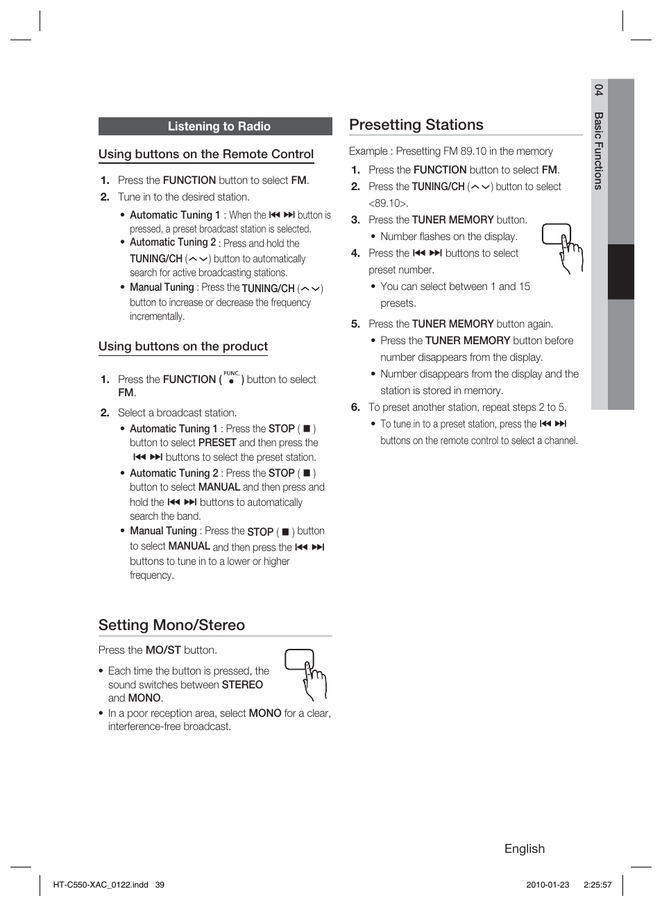 Listening to radio, Setting mono/stereo, Presetting stations | Samsung HT-C550-XAC User Manual | Page 39 / 51