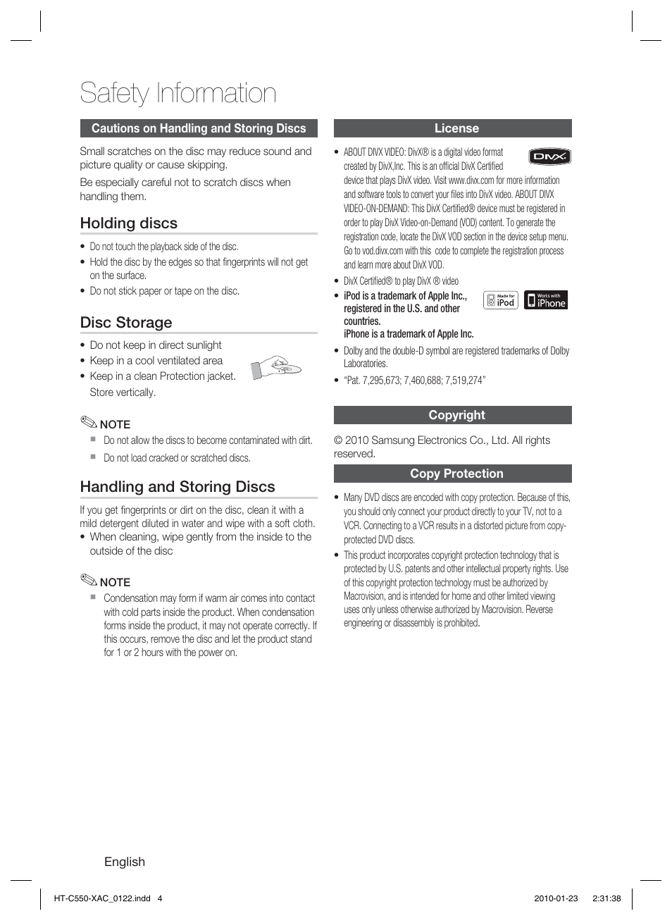 Safety information, Holding discs, Disc storage | Handling and storing discs | Samsung HT-C550-XAC User Manual | Page 4 / 51