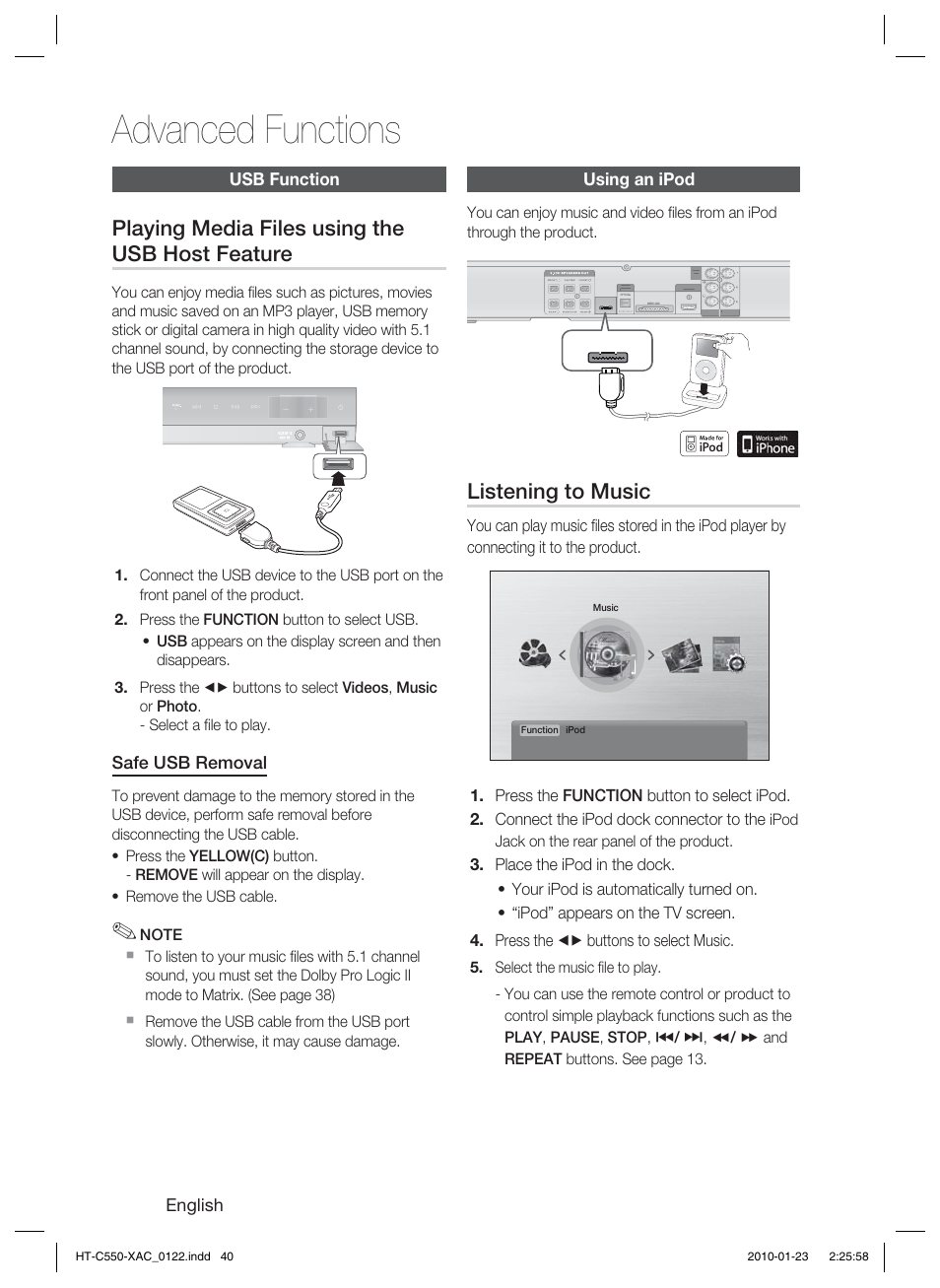 Advanced functions, Usb function, Using an ipod | Playing media files using the usb host feature, Listening to music, English, Safe usb removal | Samsung HT-C550-XAC User Manual | Page 40 / 51