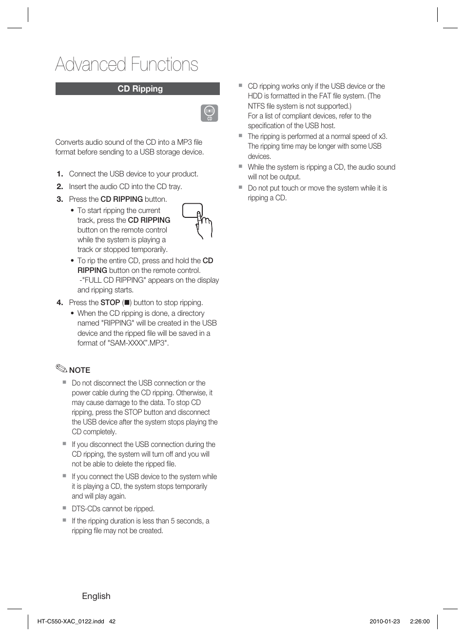 Cd ripping, Advanced functions | Samsung HT-C550-XAC User Manual | Page 42 / 51