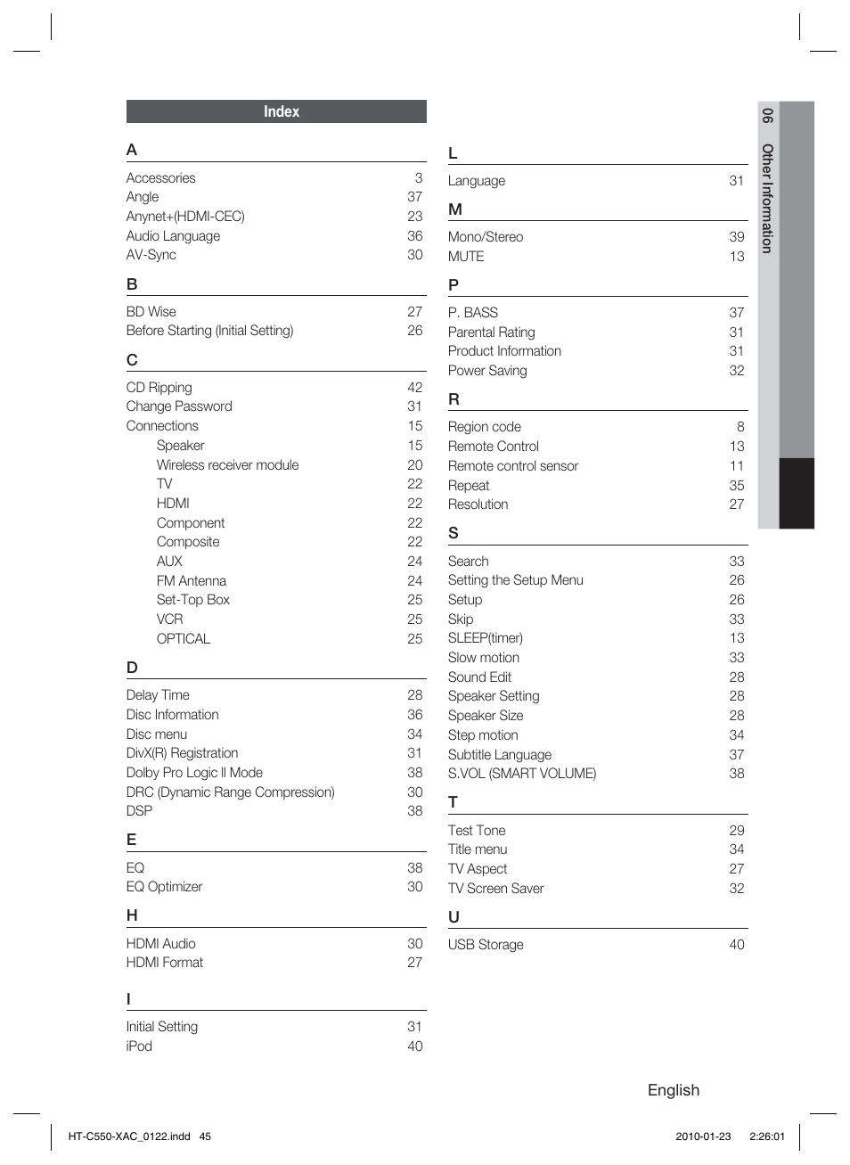 Index | Samsung HT-C550-XAC User Manual | Page 45 / 51