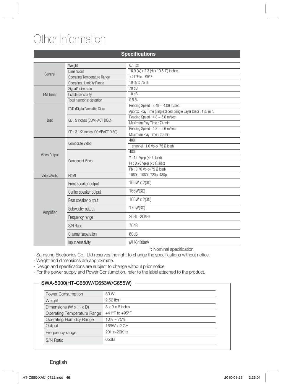 Specifi cations, Other information | Samsung HT-C550-XAC User Manual | Page 46 / 51