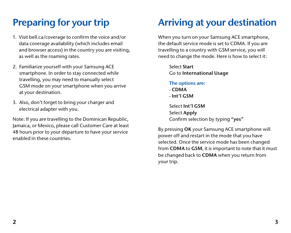 Preparing for your trip, Arriving at your destination | Samsung ACE 66988 User Manual | Page 3 / 8