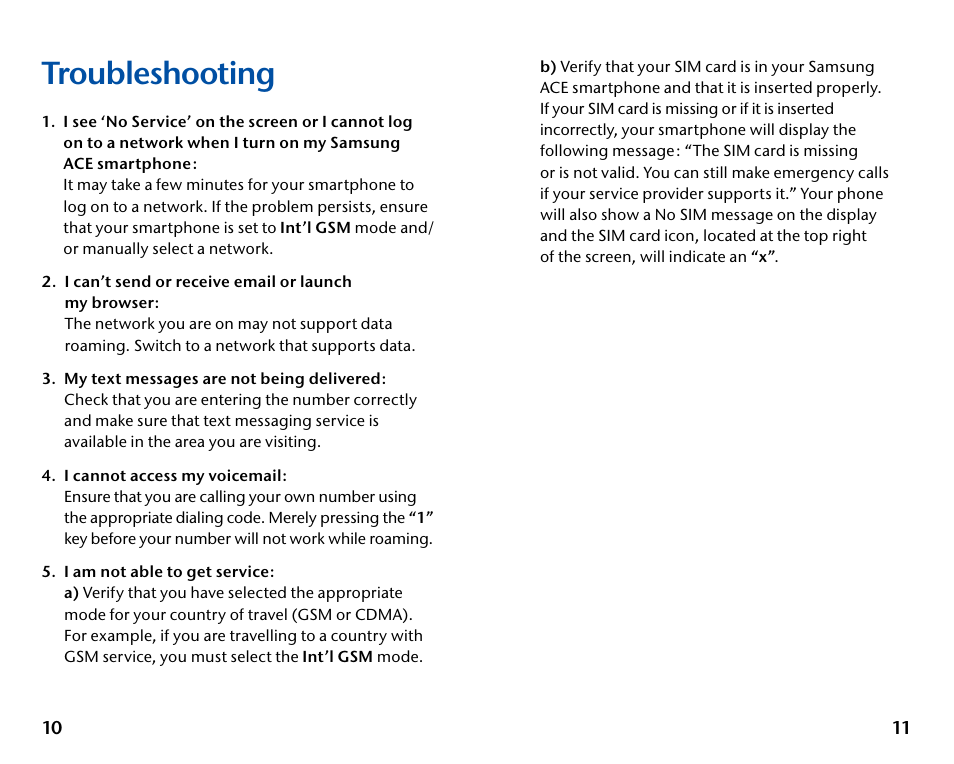 Troubleshooting | Samsung ACE 66988 User Manual | Page 7 / 8