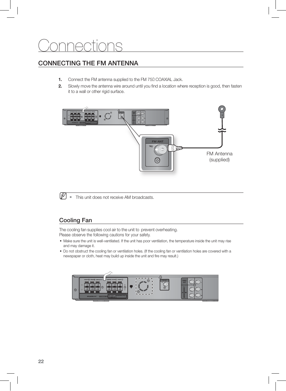 Conecting the fm antenna, Connections, Connecting the fm antenna | Cooling fan | Samsung HT-Z120 User Manual | Page 23 / 61
