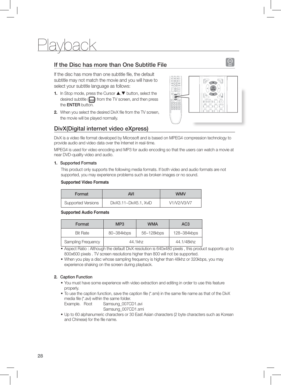 Playback, If the disc has more than one subtitle file, Divx(digital internet video express) | Samsung HT-Z120 User Manual | Page 29 / 61