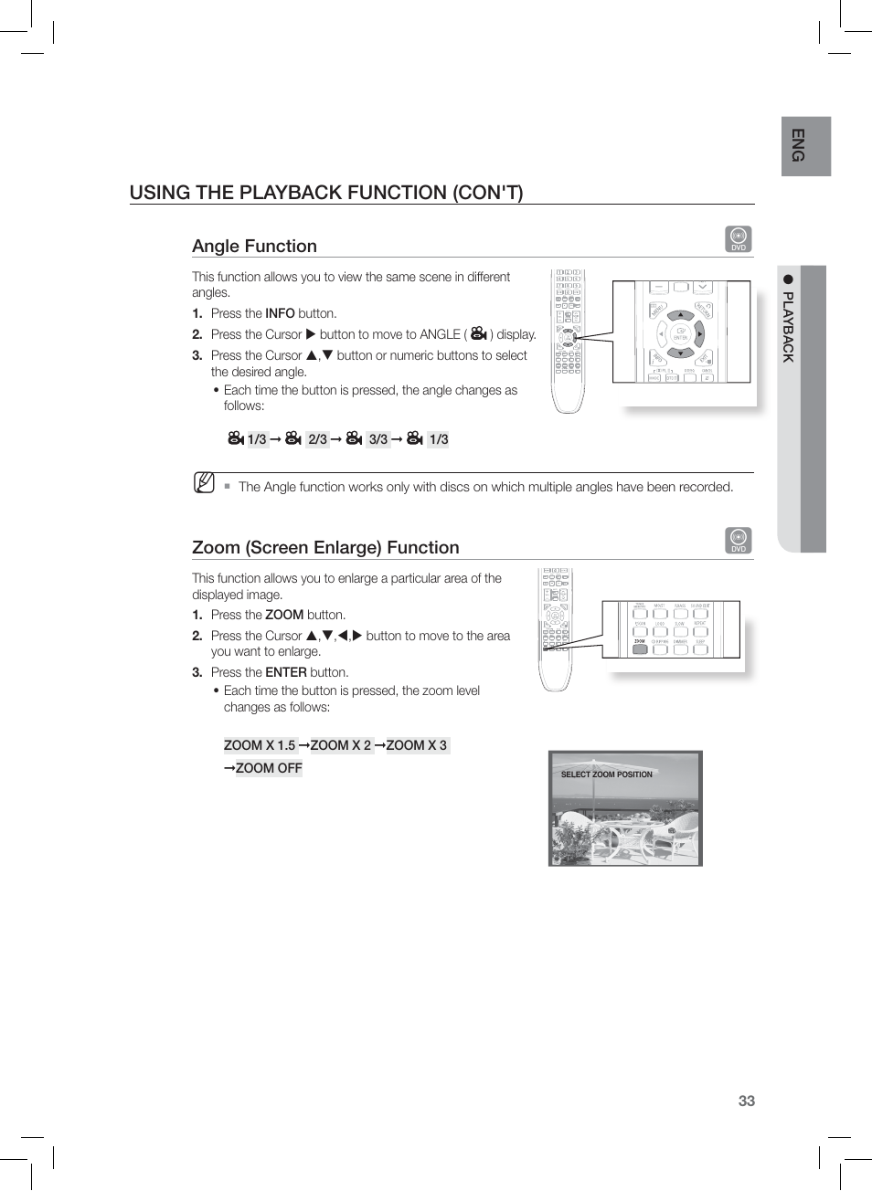 Angle function, Using the playback function (con't), Zoom (screen enlarge) function | Samsung HT-Z120 User Manual | Page 34 / 61