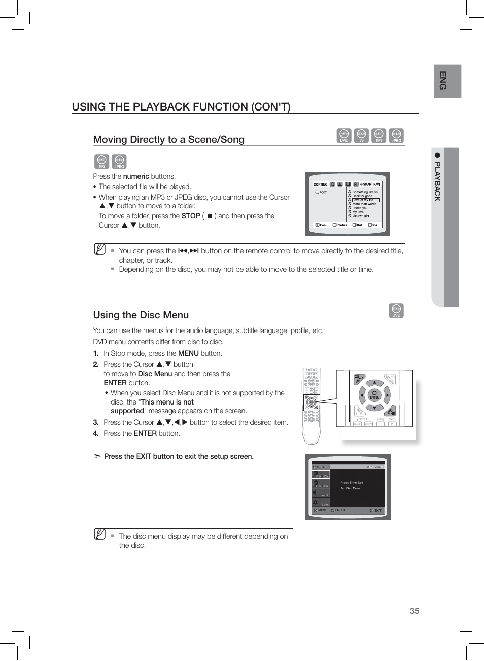 Moving directly to a scene/song, Using the disc menu, Dbag ag | Using the playback function (con't) | Samsung HT-Z120 User Manual | Page 36 / 61