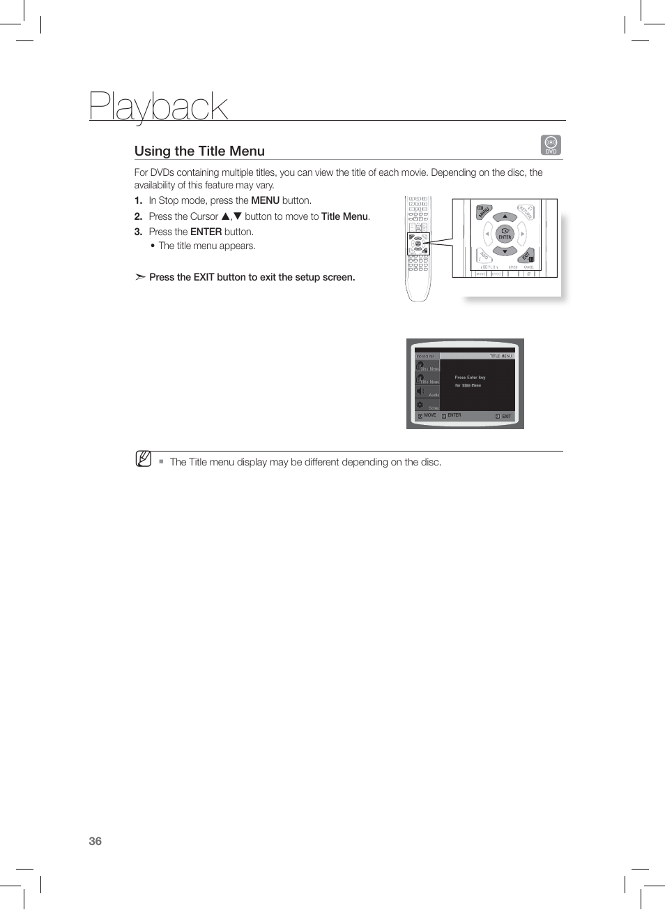Using the title menu, Playback | Samsung HT-Z120 User Manual | Page 37 / 61