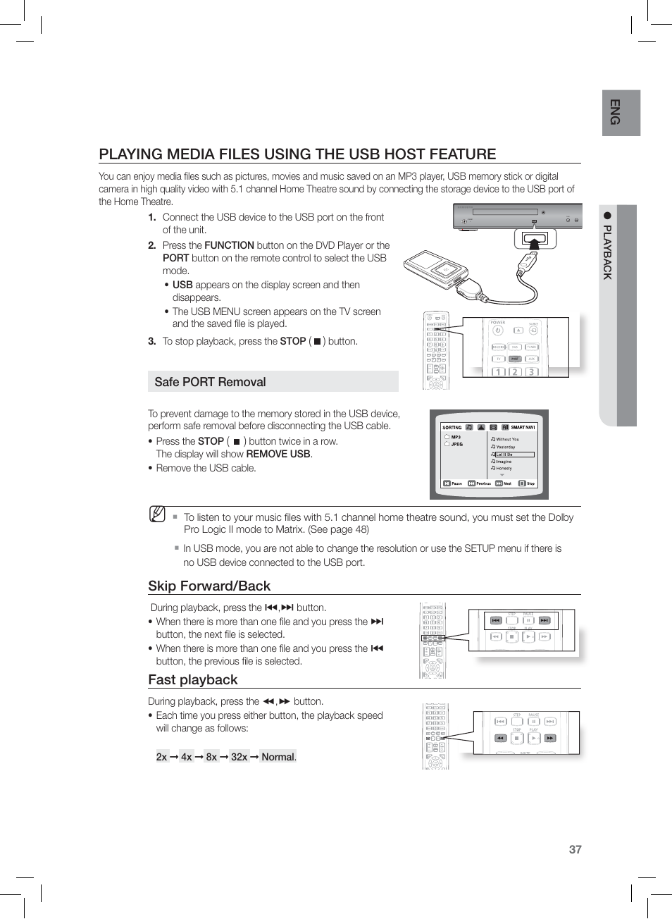 Playing media files using the usb host featu re, Playing media files using the usb host feature, Skip forward/back | Fast playback | Samsung HT-Z120 User Manual | Page 38 / 61
