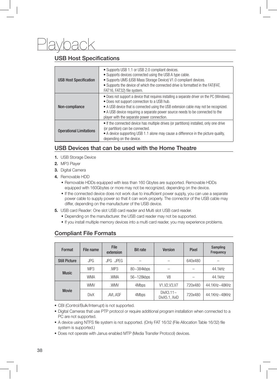 Usb host specifications, Playback, Usb devices that can be used with the home theatre | Compliant file formats | Samsung HT-Z120 User Manual | Page 39 / 61