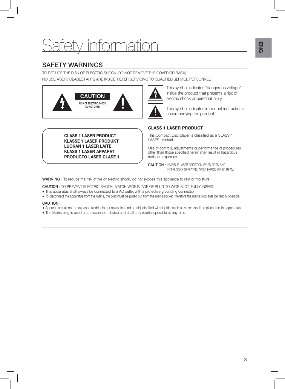 Safety information, Safety warnings | Samsung HT-Z120 User Manual | Page 4 / 61