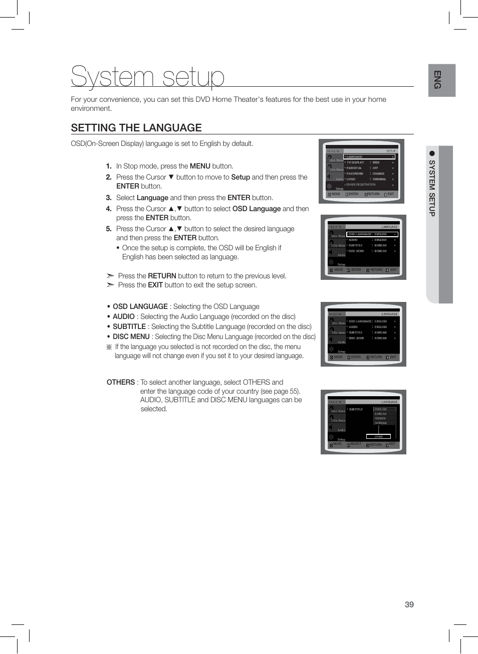 System setup, Setting the language, En g | Samsung HT-Z120 User Manual | Page 40 / 61
