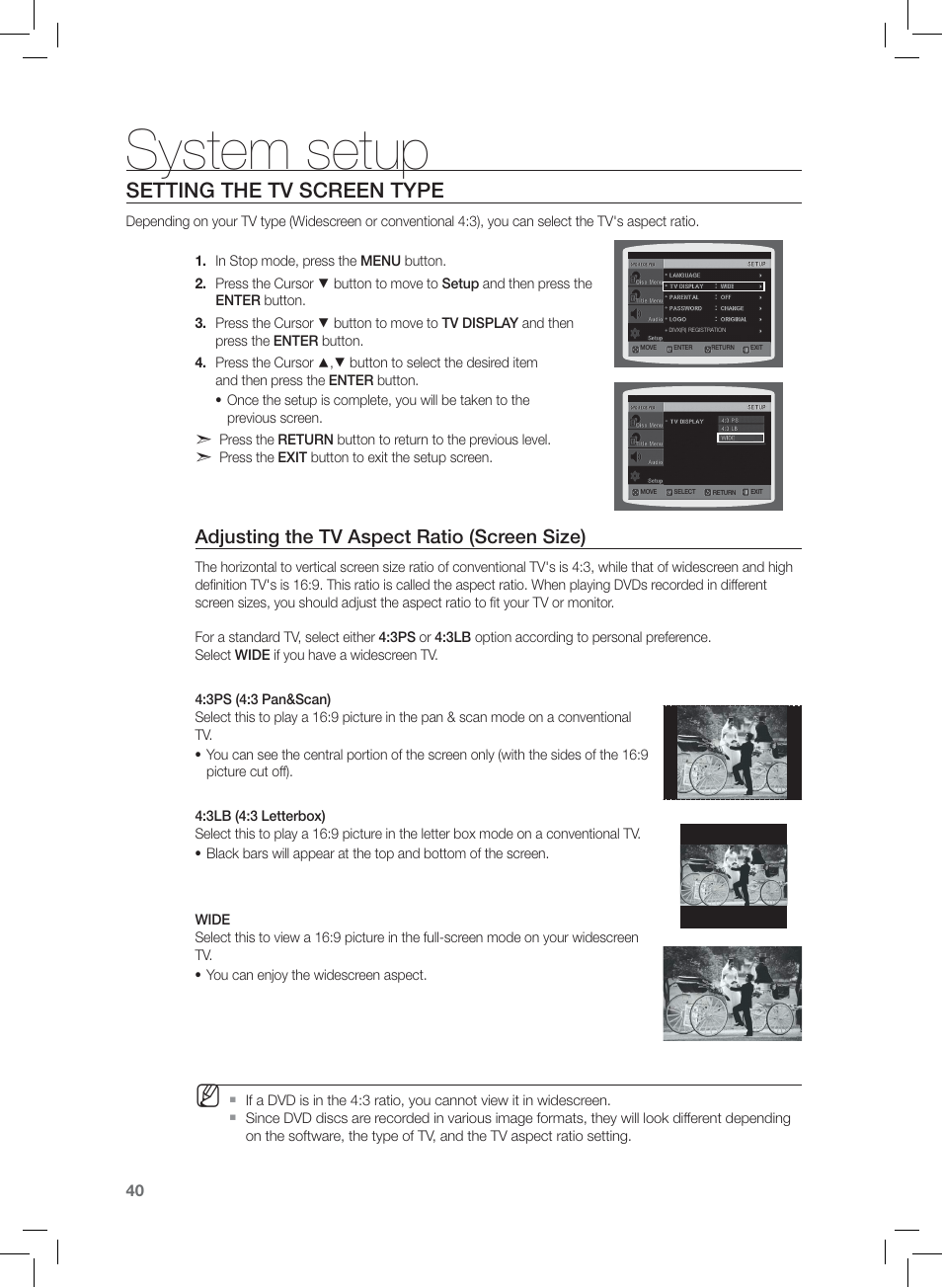 Setting the tv screen type, System setup, Adjusting the tv aspect ratio (screen size) | Samsung HT-Z120 User Manual | Page 41 / 61