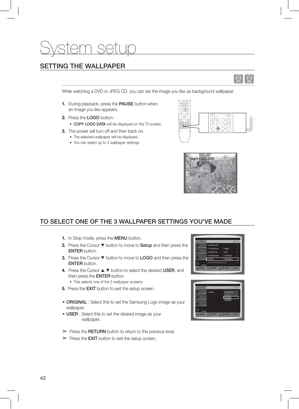 Setting the walpap er, System setup, Setting the wallpaper | Samsung HT-Z120 User Manual | Page 43 / 61