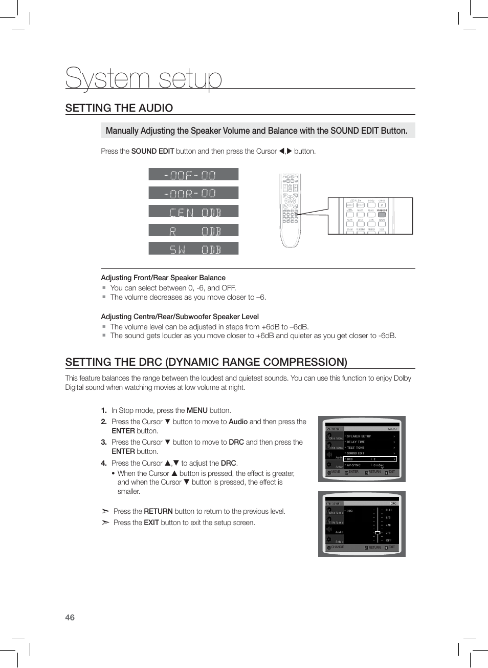 Setting the drc (dynamic range compression), System setup, Setting the audio | Samsung HT-Z120 User Manual | Page 47 / 61