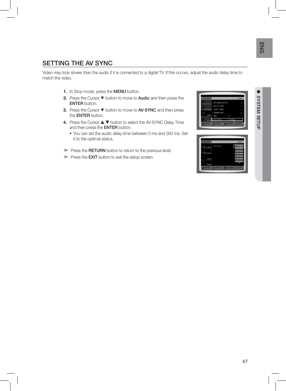 Setting the av sync, En g | Samsung HT-Z120 User Manual | Page 48 / 61