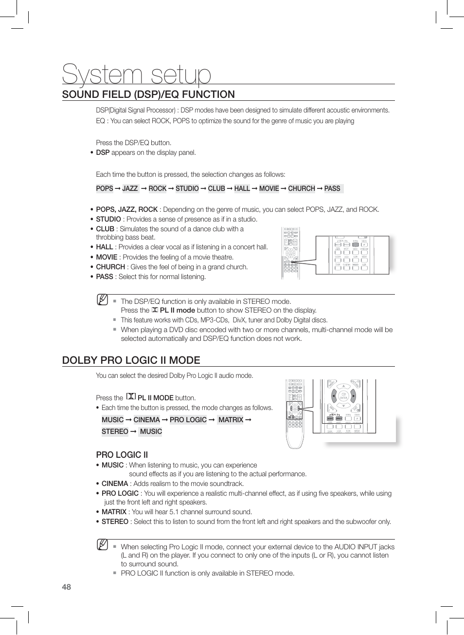 Sound field (dsp)/eq function, Dolby pro logic ii mode, System setup | Samsung HT-Z120 User Manual | Page 49 / 61