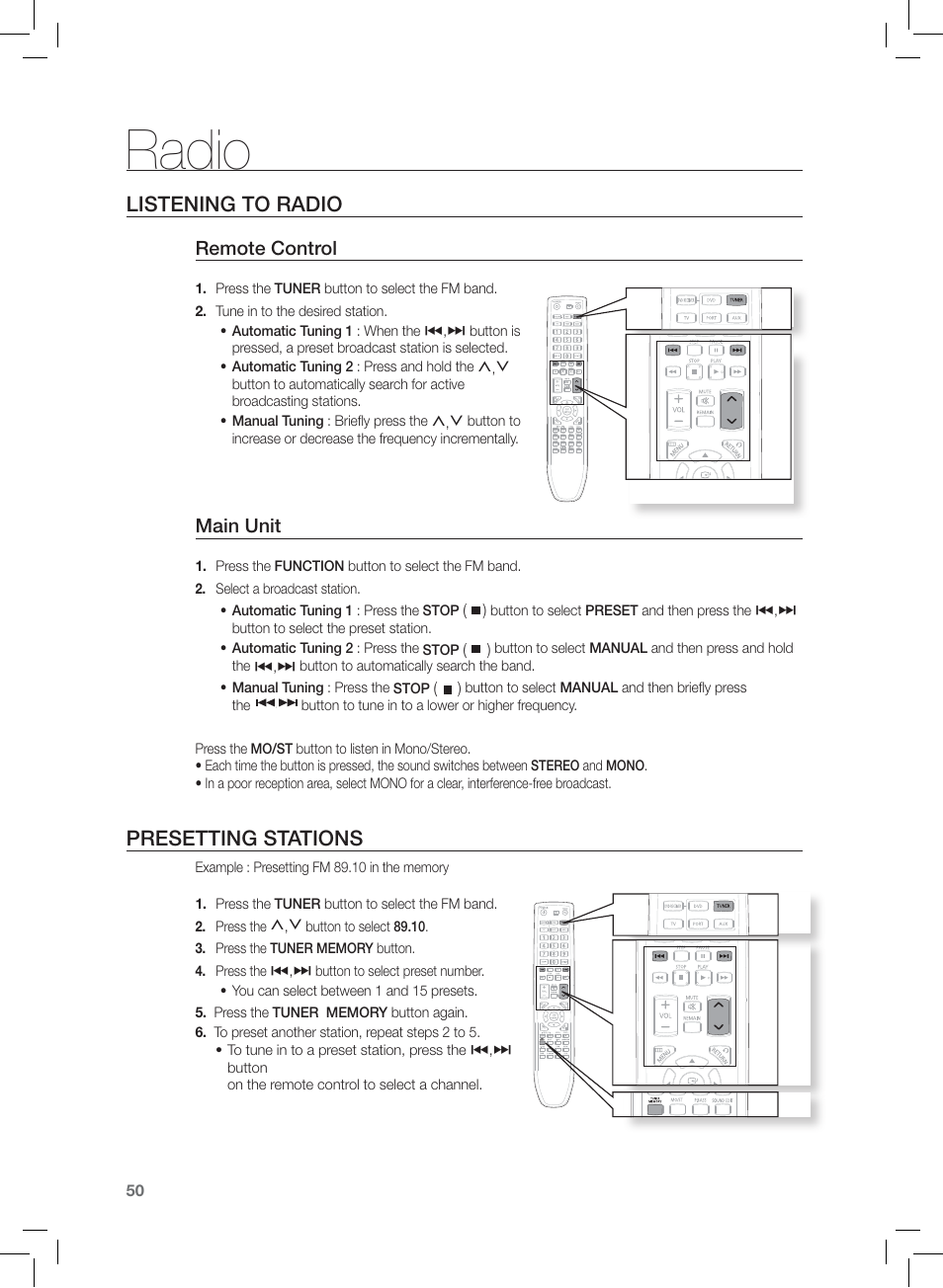 Radio, Listening to radio, Presetting stations | Remote control, Main unit | Samsung HT-Z120 User Manual | Page 51 / 61
